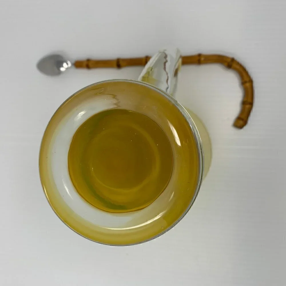 Yellow Art Glass Beverage Pitcher Bamboo Spoon Vintage Barware Cocktails